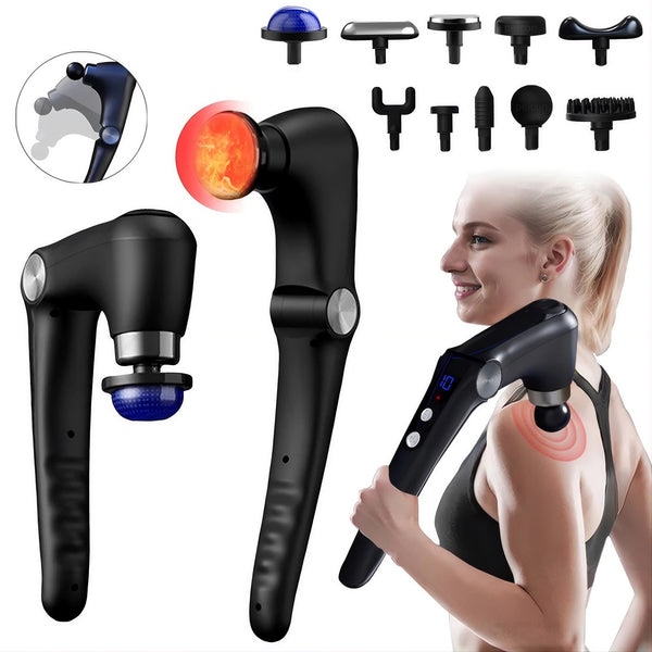Fascia Massage Gun with Extendable Handle – 9-Speed Deep Tissue Percussion Massager with 10 Heads & Hot/Cold Compress