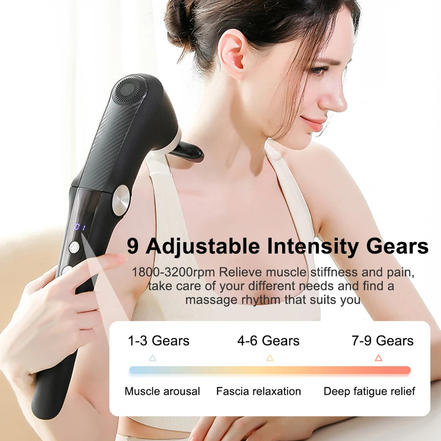 Fascia Massage Gun with Extendable Handle – 9-Speed Deep Tissue Percussion Massager with 10 Heads & Hot/Cold Compress