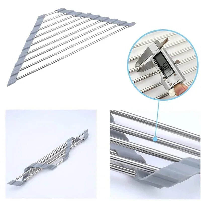 Foldable Triangle Dish Drying Rack – Stainless Steel Corner Sink Organizer & Sponge Holder