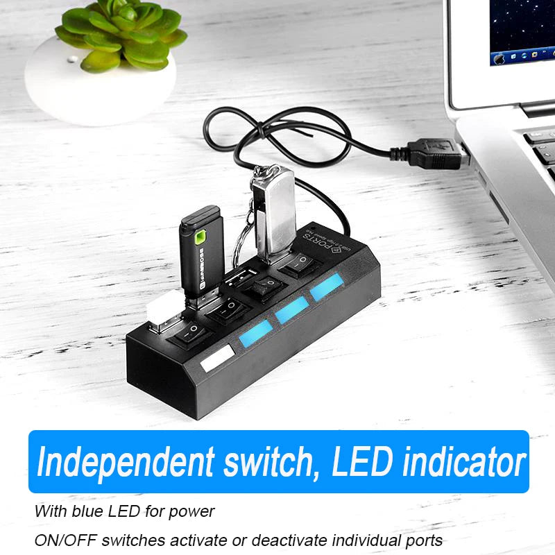 High-Speed USB 2.0 Hub Adapter – 4 or 7 Port USB Splitter with LED Switch for PC & Laptop