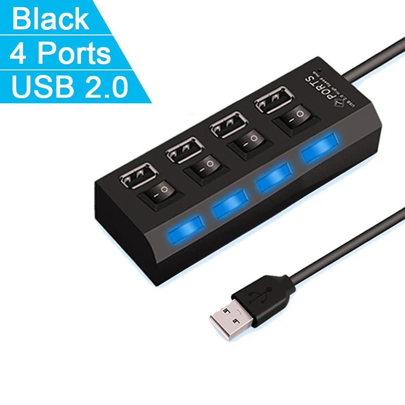 High-Speed USB 2.0 Hub Adapter – 4 or 7 Port USB Splitter with LED Switch for PC & Laptop