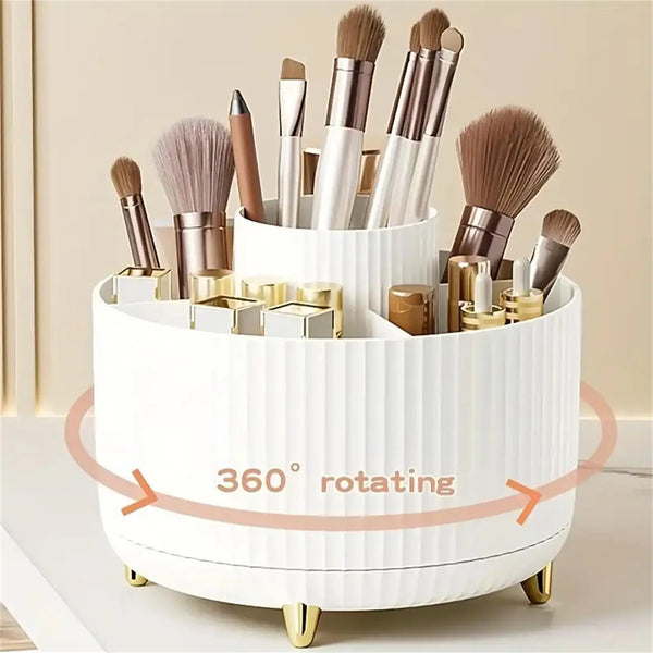 360° Rotating Makeup Organizer – 5-Compartment Cosmetic Storage for Brushes, Lipsticks & Skincare