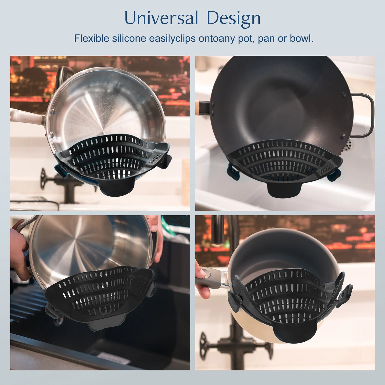 Adjustable Silicone Clip-On Pot Strainer – Universal Colander for Pots, Pans & Bowls