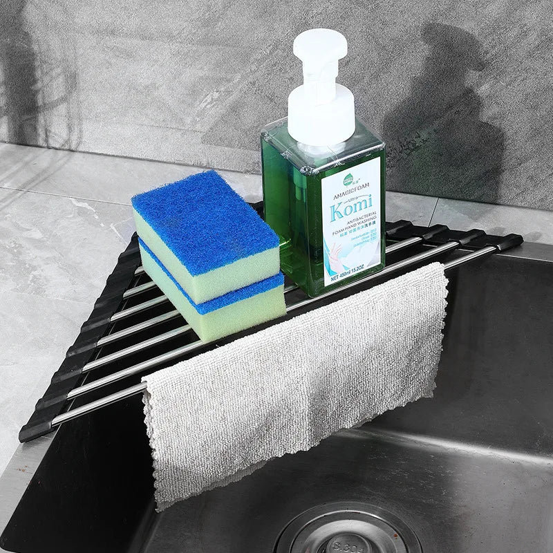 Foldable Triangle Dish Drying Rack – Stainless Steel Corner Sink Organizer & Sponge Holder