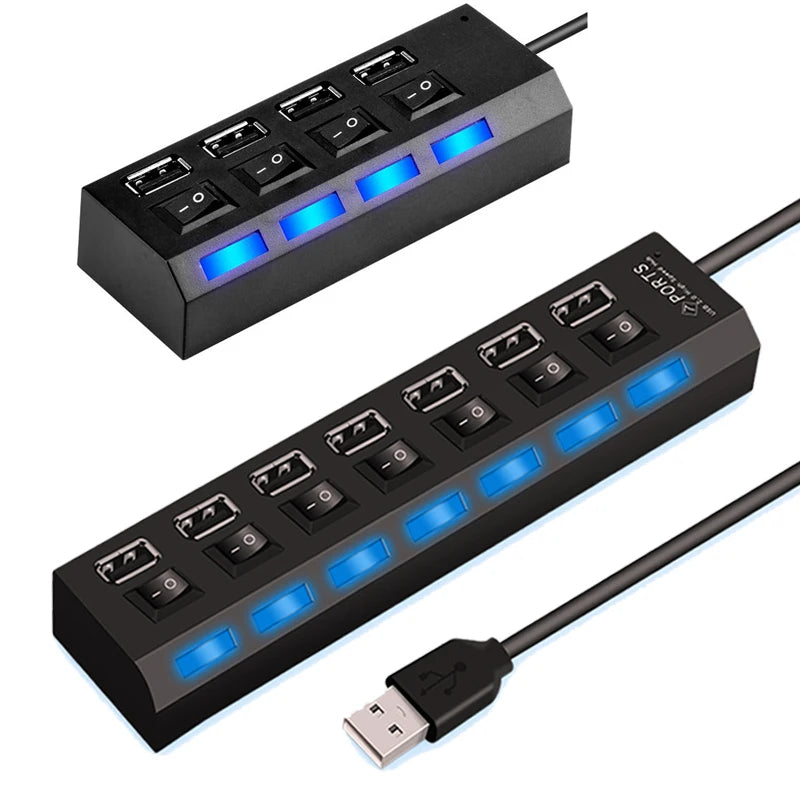High-Speed USB 2.0 Hub Adapter – 4 or 7 Port USB Splitter with LED Switch for PC & Laptop