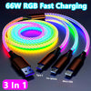 3-in-1 RGB Fast Charging Cable – 66W 6A Type-C, Micro USB & Lightning with Glowing Light