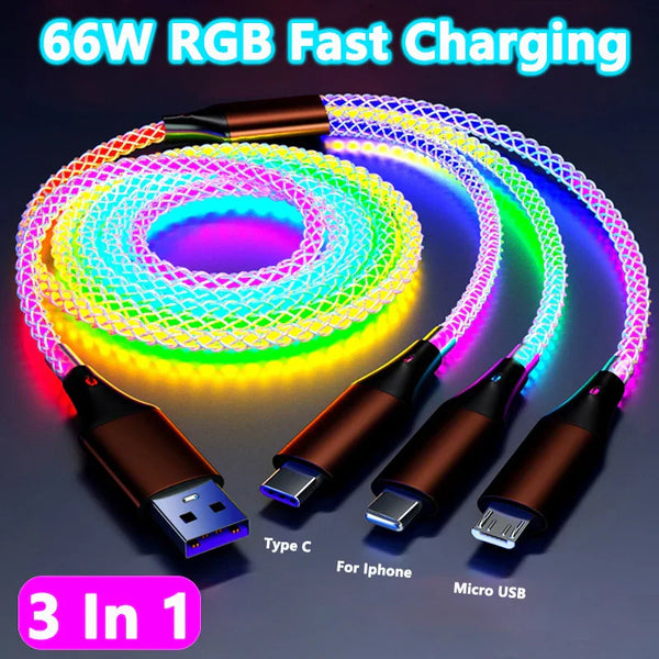 3-in-1 RGB Fast Charging Cable – 66W 6A Type-C, Micro USB & Lightning with Glowing Light