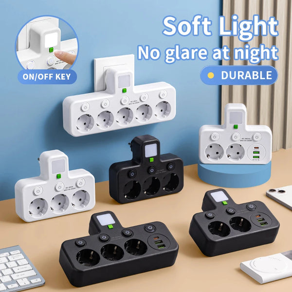 EU Plug Power Strip – 4 Sockets, 2 USB + 1 Type-C Ports, 2500W, Surge Protected