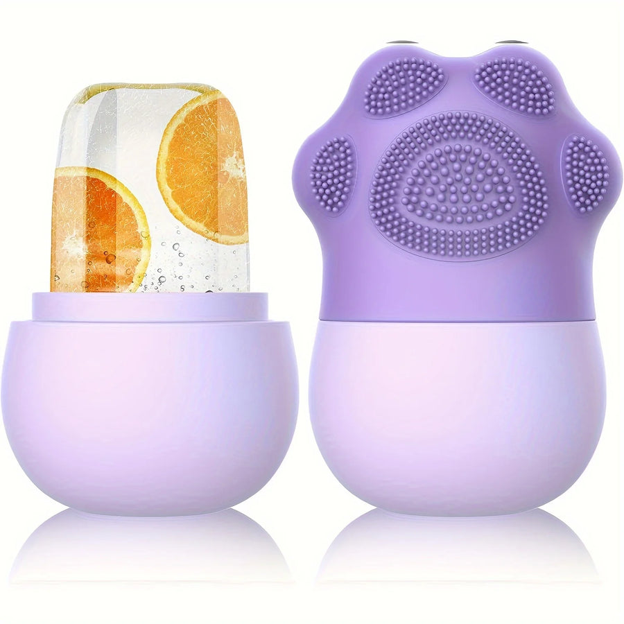 Ice Roller for Face & Eyes – Cooling De-Puff Skin Care Tool with Silicone Brush & Scrubber Mat