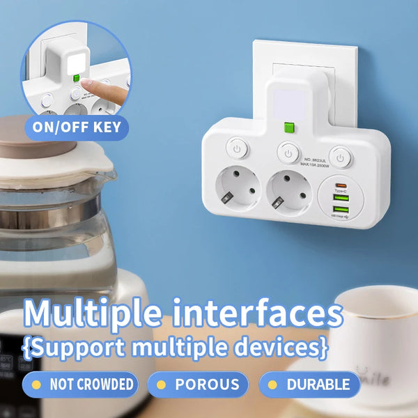 EU Plug Power Strip – 4 Sockets, 2 USB + 1 Type-C Ports, 2500W, Surge Protected
