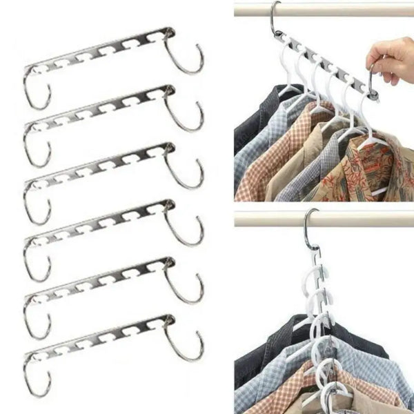 Space-Saving Metal Clothes Hangers with Magic Hook – 6-Hole Wardrobe Organizer (1/3 Pcs)