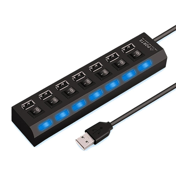High-Speed USB 2.0 Hub Adapter – 4 or 7 Port USB Splitter with LED Switch for PC & Laptop
