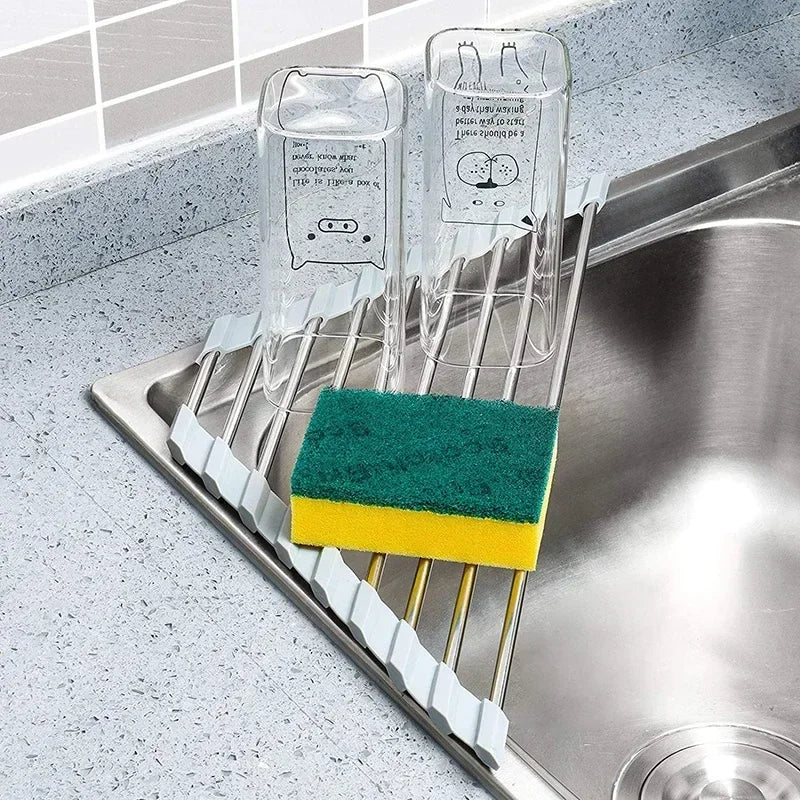 Foldable Triangle Dish Drying Rack – Stainless Steel Corner Sink Organizer & Sponge Holder