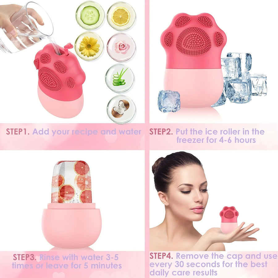 Ice Roller for Face & Eyes – Cooling De-Puff Skin Care Tool with Silicone Brush & Scrubber Mat