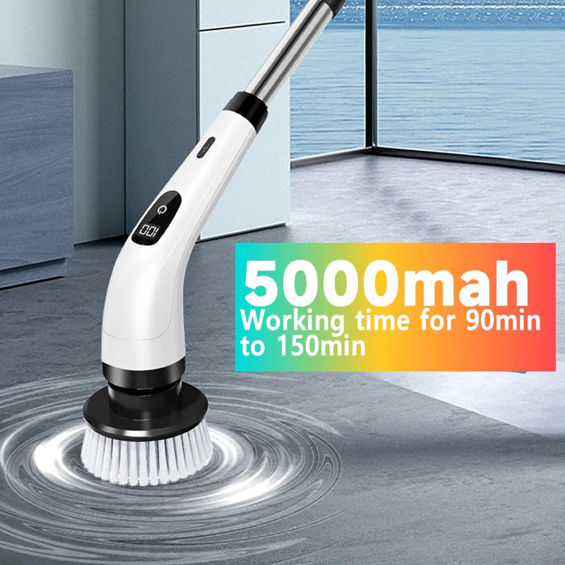 7-in-1 Cordless Electric Spin Scrubber – LCD Display, 5000mAh Battery, Extendable Handle for Home Cleaning