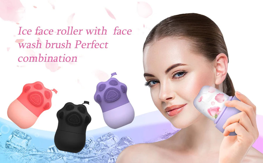 Ice Roller for Face & Eyes – Cooling De-Puff Skin Care Tool with Silicone Brush & Scrubber Mat