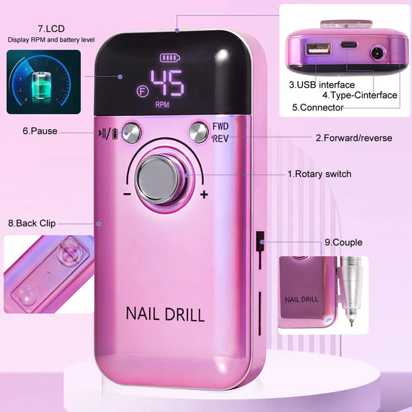 45,000 RPM Electric Nail Drill Machine – Professional Rechargeable Nail File for Gel & Acrylic Nails