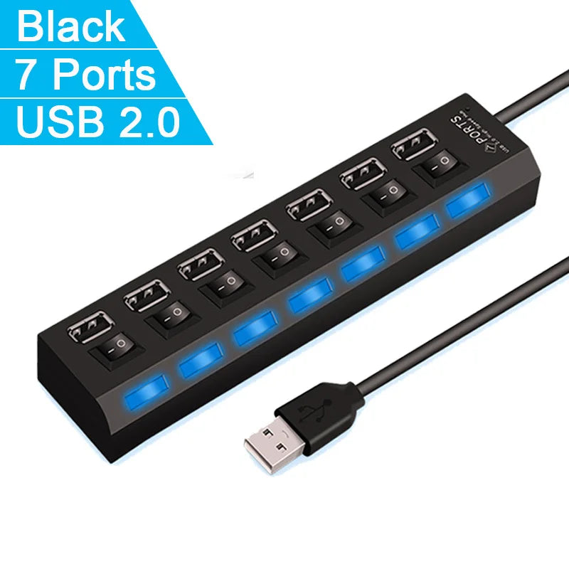 High-Speed USB 2.0 Hub Adapter – 4 or 7 Port USB Splitter with LED Switch for PC & Laptop