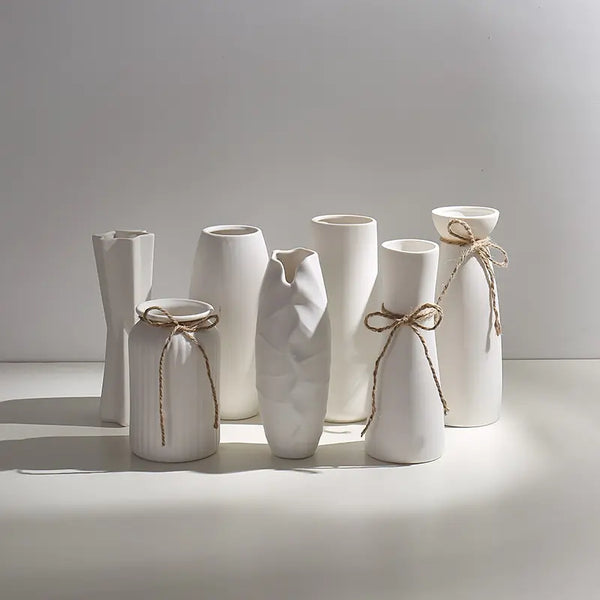Modern Minimalist White Hemp Rope Ceramic Vase – Scandinavian & Boho Home Decor