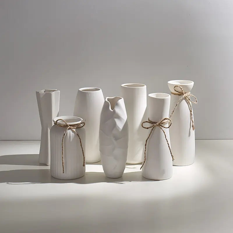 Modern Minimalist White Hemp Rope Ceramic Vase – Scandinavian & Boho Home Decor