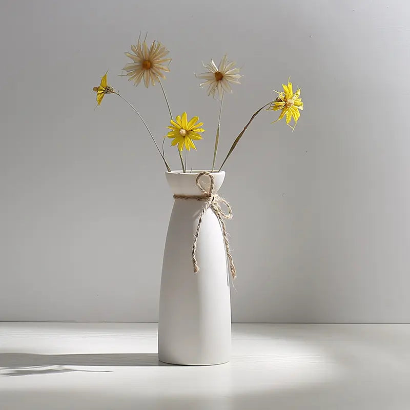 Modern Minimalist White Hemp Rope Ceramic Vase – Scandinavian & Boho Home Decor