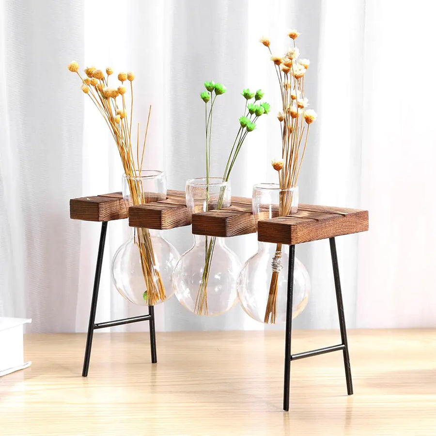 Glass & Wood Vase Planter – Minimalist Desktop Decor for Home & Office